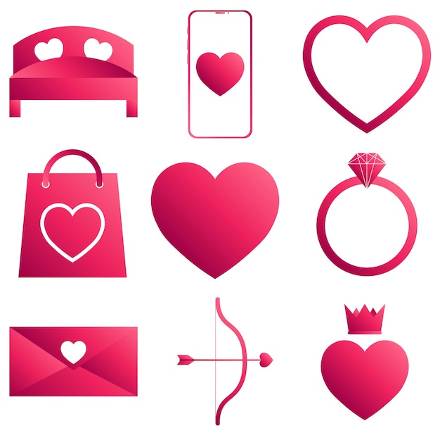 Zestaw Ikon Serca Z Gradientem Różowy Kolor Na Walentynki. Koncepcja Miłości