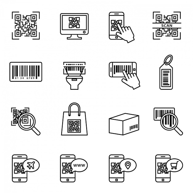 Zestaw Ikon Skanowania Kodu Kreskowego I Qr. Badanie Produktu Komputerowego Za Pomocą Skanera, Informacje O Cenie.