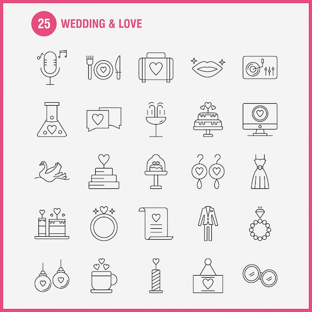 Zestaw Ikon ślub I Miłość Linii Do Infografiki, Zestaw Mobile Ux / Ui