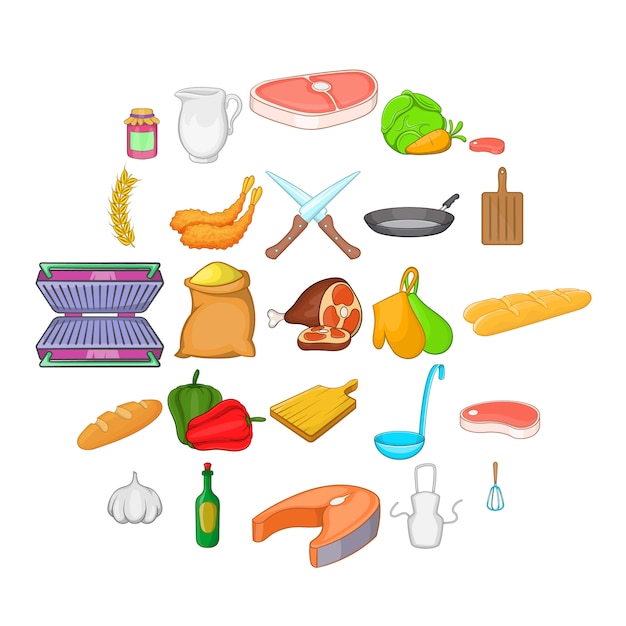 Zestaw Ikon Smaczne Jedzenie. Kreskówka Zestaw 25 Smacznych Ikon żywności Dla Sieci Web Na Białym Tle