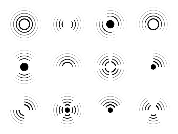 Zestaw ikon sygnału Fale dźwiękowe sonaru lub radaru Fale radiowe Zbiór różnych symboli sygnału