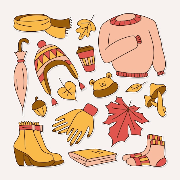 Zestaw ikon symbolizujących jesienną jasną kreskówkową dziecinną ilustrację wektorową
