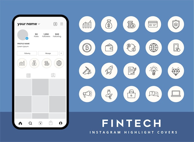 Zestaw Ikon Technologii Finansowych Fintech Dla Okładek Z Instagramowymi Fabułami