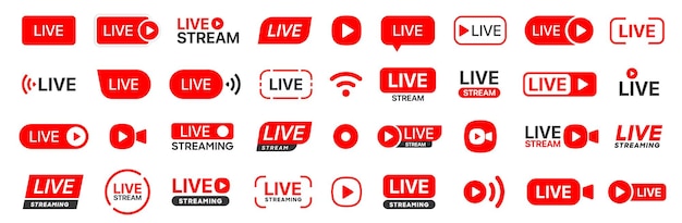 Zestaw ikon transmisji na żywo. Symbol transmisji wideo. Zarejestruj się w telewizji, wiadomościach, filmach, programach, online.