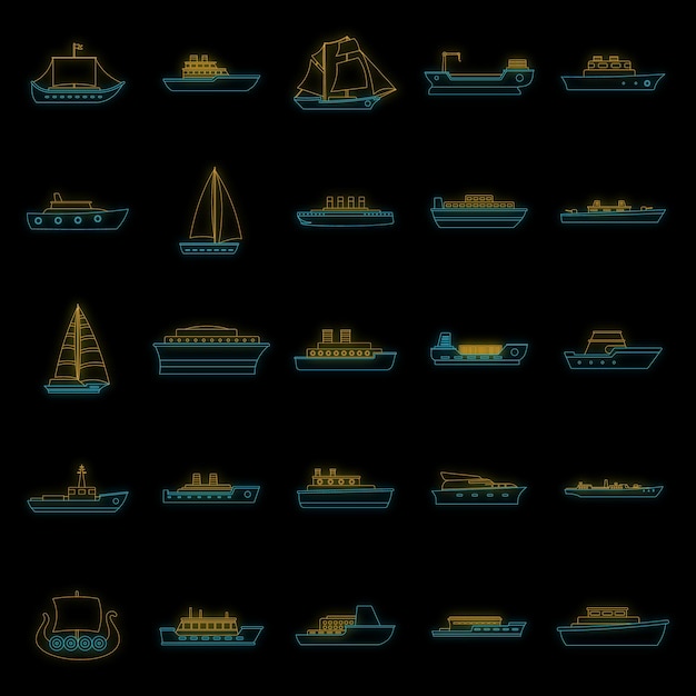 Zestaw Ikon Typów Statków Morskich Ilustracja 25 Ikon Wektorowych Typów Statków Morskich Kolor Neon Na Czarnym