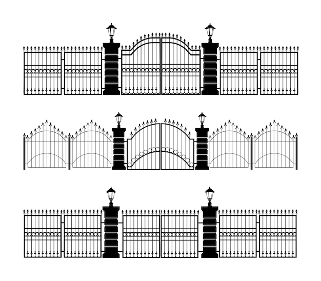 Plik wektorowy zestaw ikon wektorowych ogrodzenia ozdobne czarne ogrodzenia z bramami płaskie izolowane ilustracji wektorowych