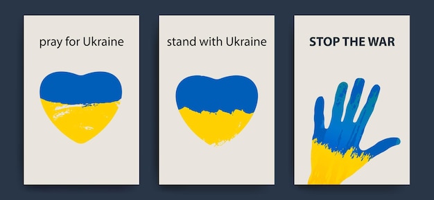 Zestaw Ikon Wektorowych Przeciwko Wojnie Na Ukrainie Serce W Kolorach Flagi Ukrainy Ręka Dzieci Zatrzymaj Wojnę Wektor