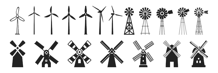 Wektor zestaw ikon wiatraków. koncepcja energii powietrznej. ekologia. alternatywna energia odnawialna. ekologiczna energia elektryczna. recykling. oszczędzanie planety
