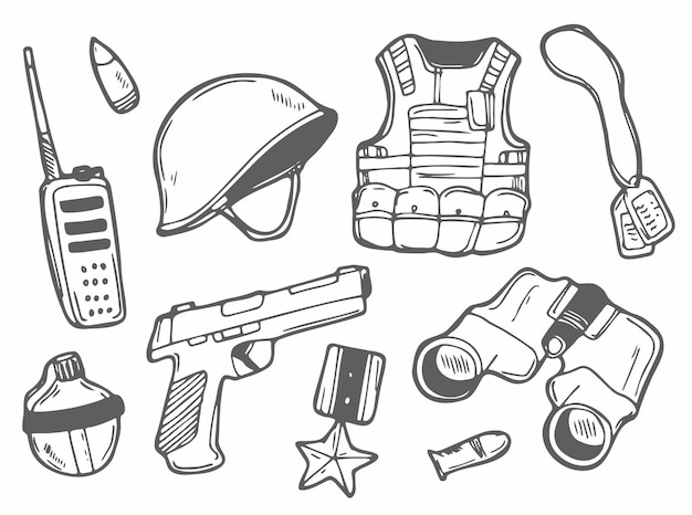 Zestaw ikon wojny Doodle Szkic elementów armii i wyposażenia Pojedynczo na białym tle