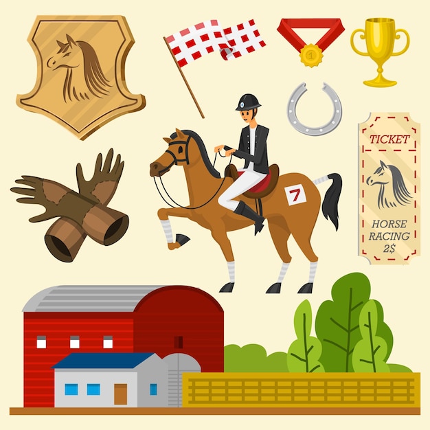 Plik wektorowy zestaw ikon wyścigów konnych dla aktywności klub dżokejowy sprzęt do plakatu sportowego jeździeckiego akcesoria podkowa bicz koń siodło hipodrom uzda konia do ujeżdżenia