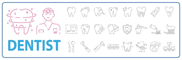 Zestaw ikon zębów dentystycznych, takich jak czyszczenie dentysty, ochrona jamy ustnej, medycyna zdrowia, wektor medyczny lub szpitalny