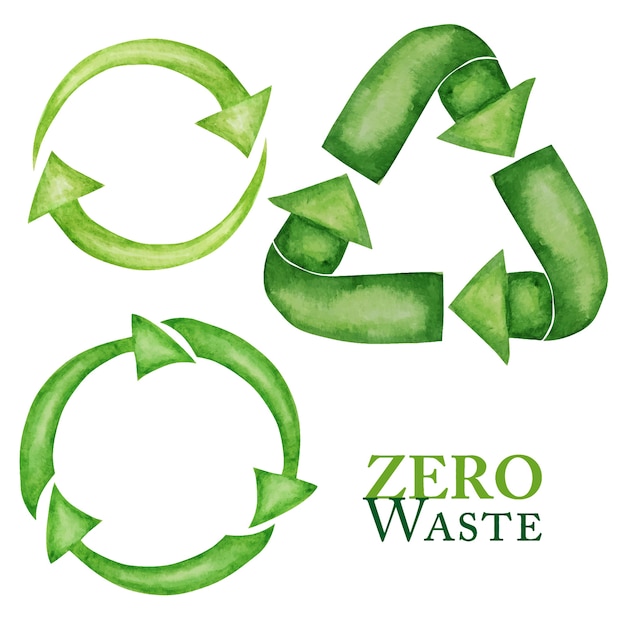 Zestaw Ikon Zielone Strzałki Recyklingu Zielony. Styl Akwareli. Projekt Ekologiczny Recykling Ponowne Użycie Ogranicz Koncepcję. Recyklingowy Ekologiczny Styl życia Zero Waste.