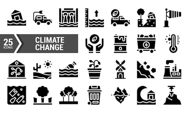 Zestaw ikon zmian klimatycznych 25 ilustracji glifowych dla sieci i urządzeń mobilnych