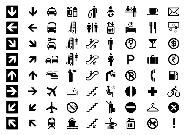 Zestaw ikon związanych z transportem publicznym Minimalny płaski graficzny symbol transportu ikona ostrzegawcza