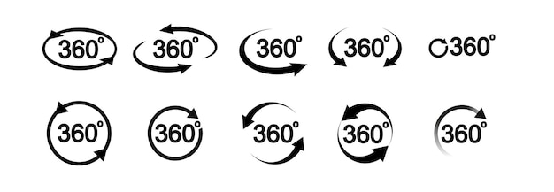 Plik wektorowy zestaw ikon związanych z widokiem 360 stopni znaki i strzałki wskazujące obrót i panoramę vector