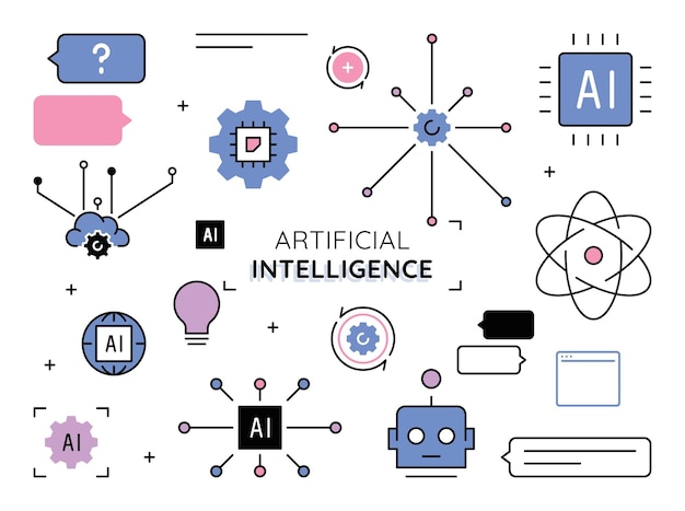 Zestaw ikon związanych ze sztuczną inteligencją, uczenie maszynowe, inteligentny robot w chmurze
