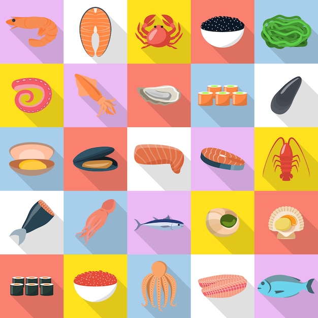 Zestaw Ikon żywności świeże Owoce Morza. Płaska Ilustracja 25 Owoców Morza świeżych Ryb żywności Ikony Dla Sieci