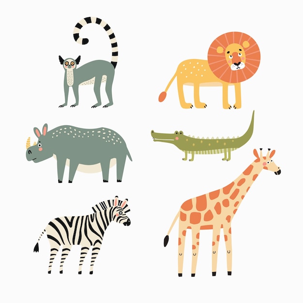 Zestaw ilustracji afrykańskich zwierząt w stylu kreskówki, ilustracji wektorowych.