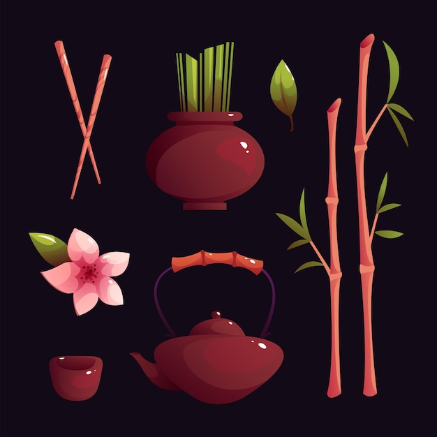Plik wektorowy zestaw ilustracji azjatyckiej kultury herbaty bambus z garnka herbaty i inne elementy dekoracyjne w stylu kreskówki