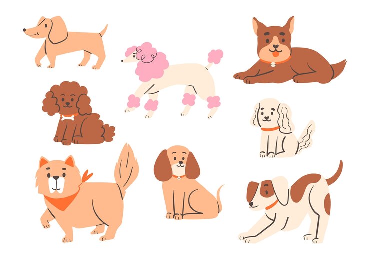 Zestaw ilustracji dla psów zabawnych i spokojnych Zbiór ośmiu ilustracji psów przedstawiających rasy takie jak dachshund i beagle w zabawnych i zrelaksowanych pozycjach Doskonały dla projektów na temat zwierząt domowych i zwierząt