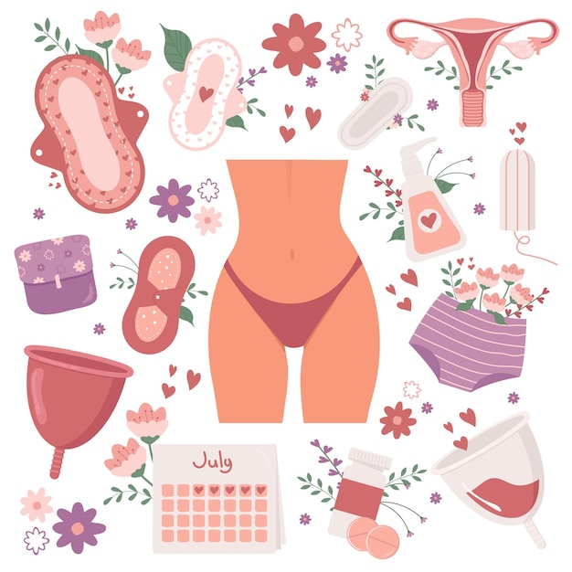 Zestaw ilustracji dotyczących okresów menstruacji żeńskiego układu rozrodczego macicy Kobieta z kwiatami