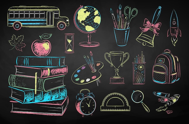 Zestaw ilustracji edukacyjnych rysowanych kredą wektorową