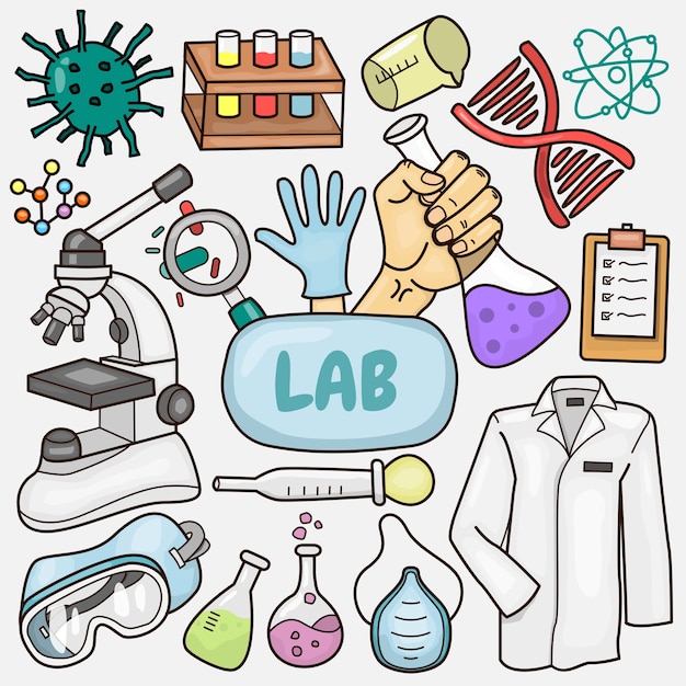 Zestaw ilustracji elementów laboratorium
