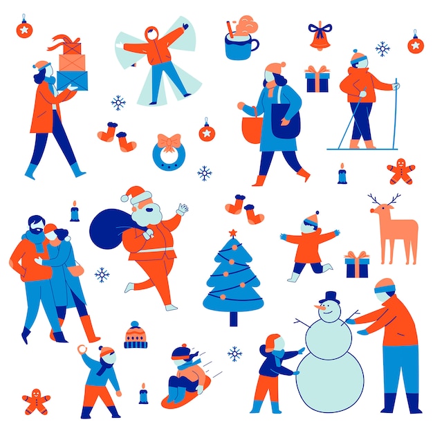 Zestaw Ilustracji Grupy świąt Bożego Narodzenia I Ferii Zimowych