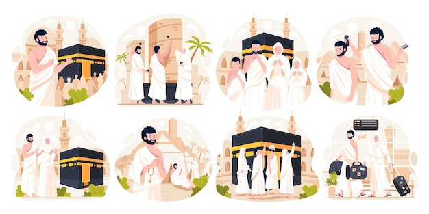 Zestaw Ilustracji Islamskiej Pielgrzymki Hajj Muzułmanie Odbywają Islamską Pielgrzymkę Hajj