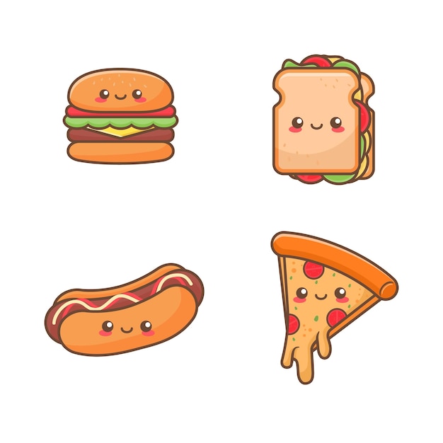 Zestaw Ilustracji Kawaii Fast Food Flat