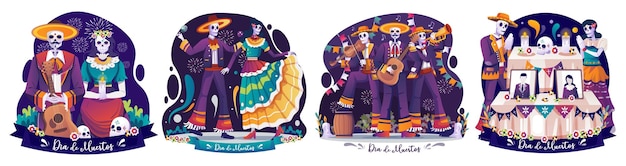 Zestaw Ilustracji Koncepcyjnej Day Of Dead Dia De Los Muertos Z Muzykiem Mariachi I Catrina