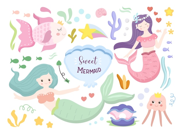 Zestaw ilustracji kreskówka ładny syrenka