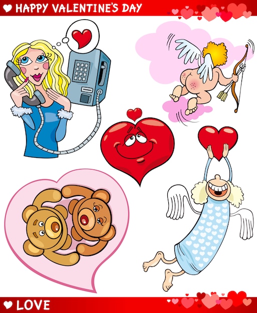 Zestaw Ilustracji Kreskówka Valentine Miłości