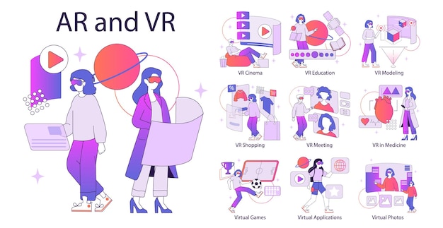 Zestaw Ilustracji Kreskówkowych Przedstawiających Różnych Ludzi Używających Technologii Ar I Vr.