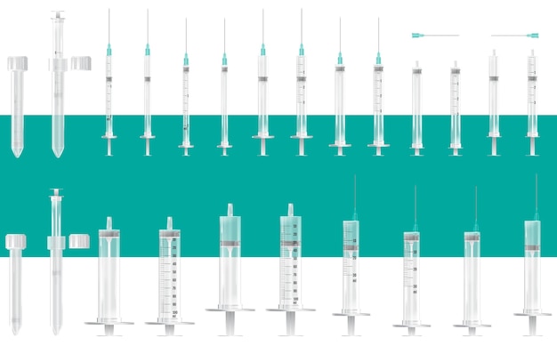 Plik wektorowy zestaw ilustracji medycznych strzykawek. realistyczna kolekcja strzykawek na białym tle. strzykawki do wstrzykiwania leków medycznych, szczepionki do pielęgnacji i leczenia.