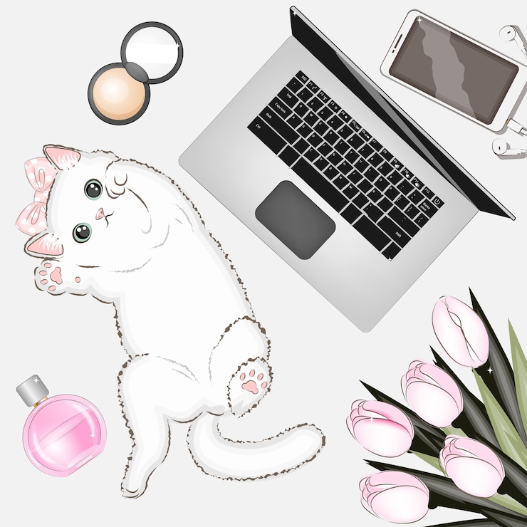 Wektor zestaw ilustracji mody kot laptop smartphone w proszku ilustracja wektorowa perfum
