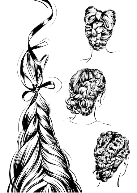 Plik wektorowy zestaw ilustracji mody z plecionymi fryzurami