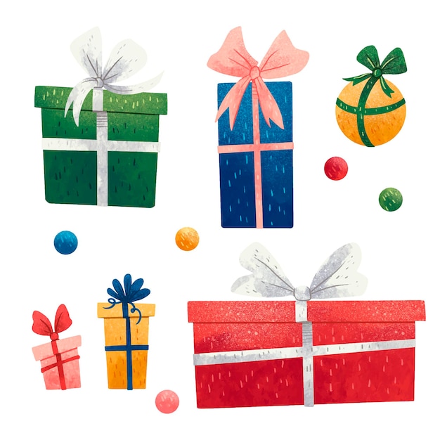 Plik wektorowy zestaw ilustracji na nowy rok kolorowe prezenty, pudełka na prezenty i cekiny, zielony, niebieski, czerwony, żółty, różowy z kokardkami