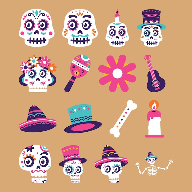 Zestaw ilustracji płaskich wektorów Day of Dead Dia de los muertos