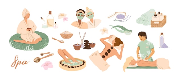 Zestaw ilustracji płaskich wektorów usługi centrum spa. Odwiedzający salon piękności i pracownicy postaci z kreskówek. Procedury centrum odnowy biologicznej i pakiet wyposażenia. Masaż gorącymi kamieniami, kąpiel stóp i maseczki na twarz.