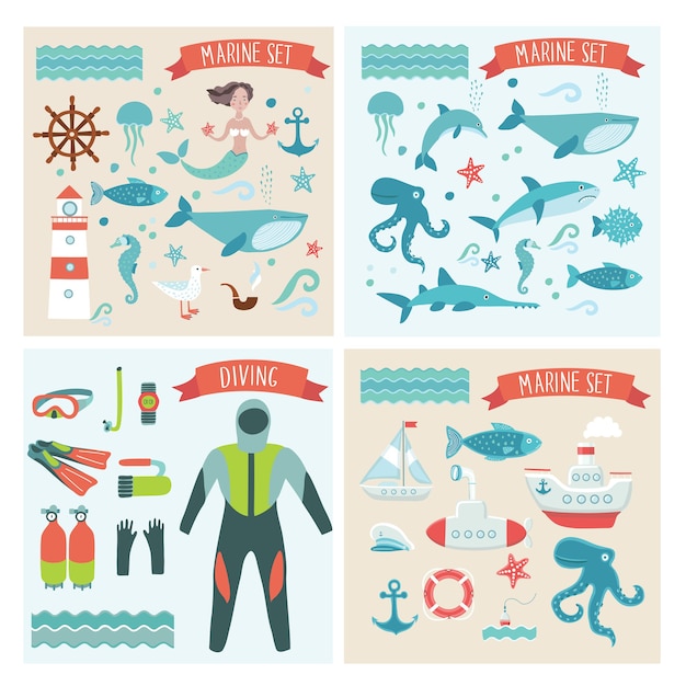 Plik wektorowy zestaw ilustracji przygód morskich, stworzeń morskich, elementów rejsu i nurkowania