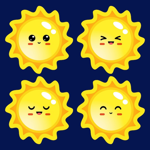 Zestaw ilustracji słońca w stylu kreskówki z różnymi emocjami na ciemnoniebieskim tle