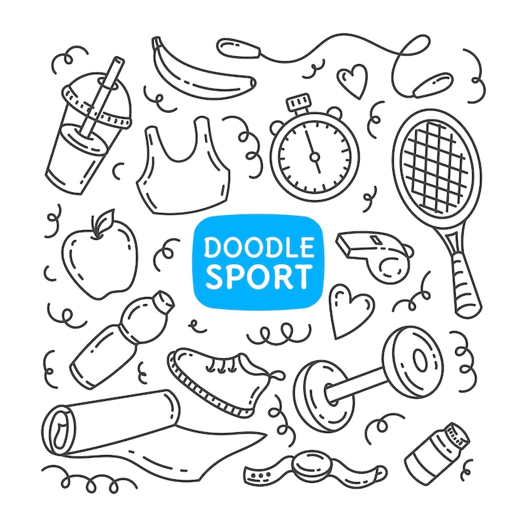 Zestaw ilustracji sportowych doodle Odzież sportowa i sprzęt