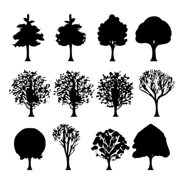 Zestaw ilustracji sylwetki roślin i drzew