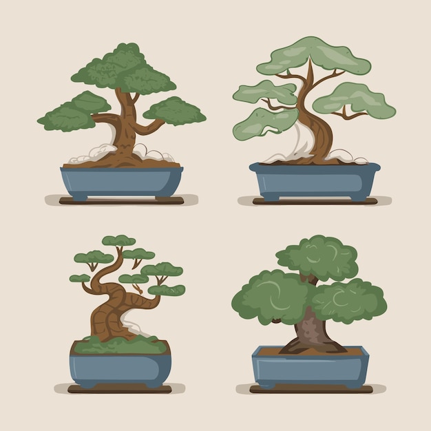 Zestaw ilustracji wektorowej drzewa bonsai na białym tle