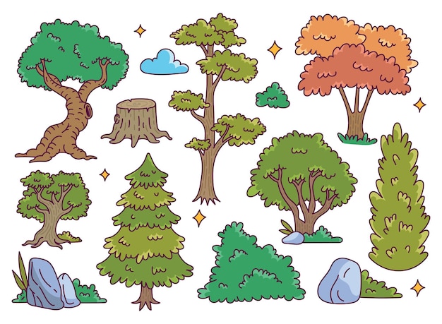 Zestaw Ilustracji Wektorowych Doodle Drzewa Leśnego