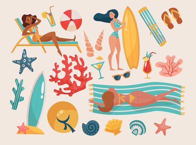 Zestaw ilustracji wektorowych działań kobiet i plaży. Kreskówka dziewczyny do opalania, deski surfingowe, muszle i korale na białym tle. Koncepcja lato, wakacje lub wakacje