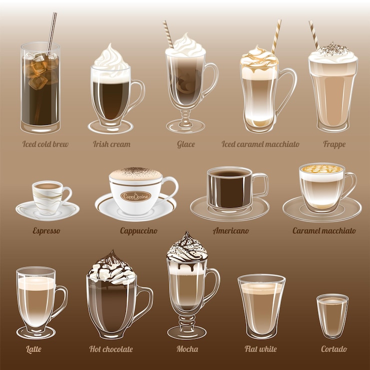 Wektor zestaw ilustracji wektorowych kawy. iced cold brew, irish cream, glace, frappe, espresso, cappuccino, americano, caramel macchiato, latte, gorąca czekolada, mokka, flat white, cortado