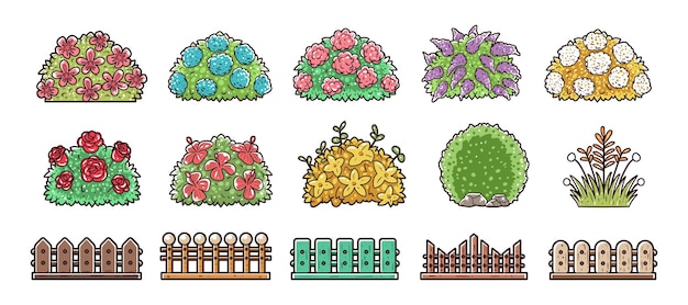 Plik wektorowy zestaw ilustracji wektorowych krzewów i płotów