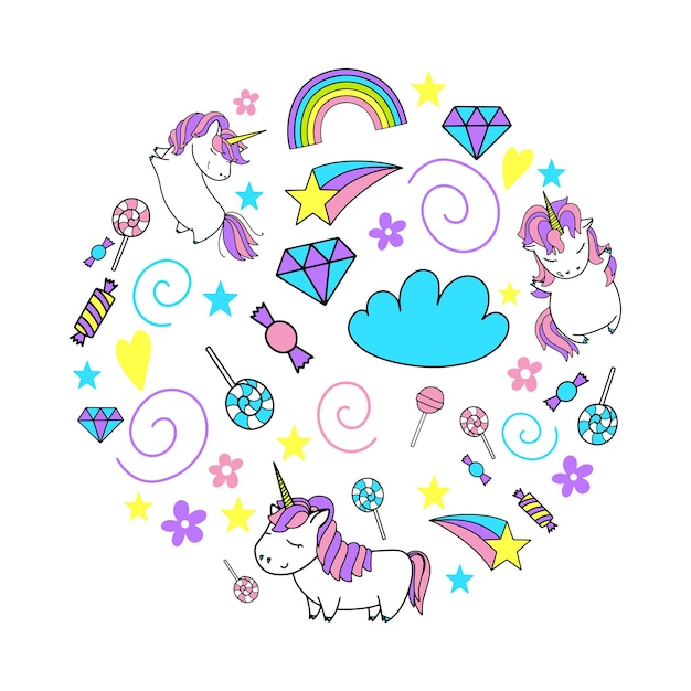 Zestaw ilustracji wektorowych ładny jednorożca. Projekt karty i koszuli.